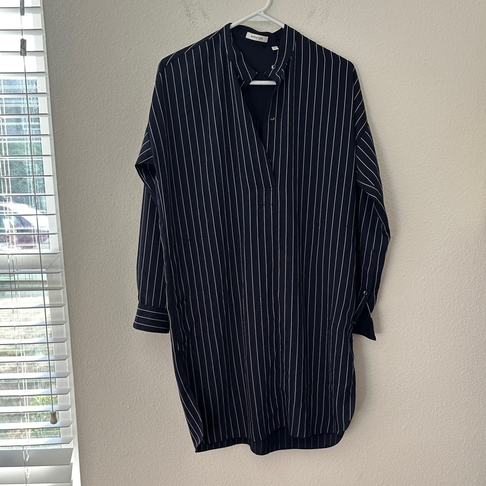 Babaton Navy Striped Long Sleeve oversized button up dress